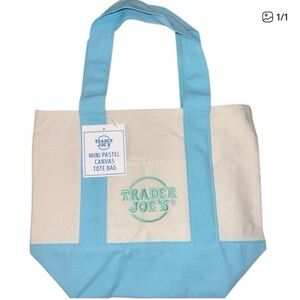 Trader Joe's Canvas Tote Bag in Light Blue and Cream
